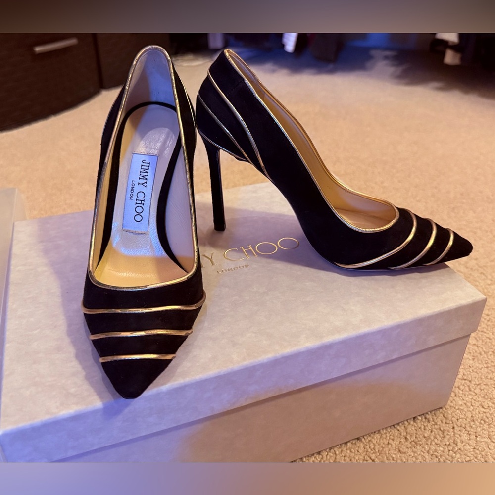 Jummy Choo Black Heels Pointed Pump W. Gold Stripes, Sz34, Include Box+Dust Bag